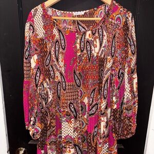 Floral & Ivy Boho Paisley Pink and Brown Long Sleeve Women’s Tunic Top 1X